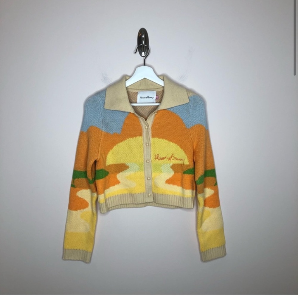 House Of Sunny Orange Day Tripper Jacquard Knit Cardigan US 4 - Picture 4 of 10